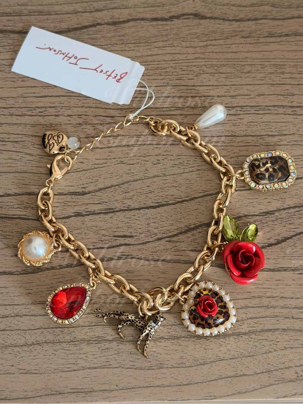 Betsey Johnson Gold Tone Charm bracelet Leopard Heart Rose Faux Pearl NWT